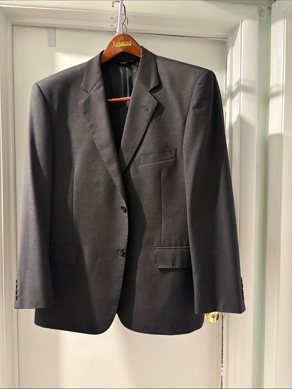 Classic Grey Two-Button Men's Suit with two pairs slacks.